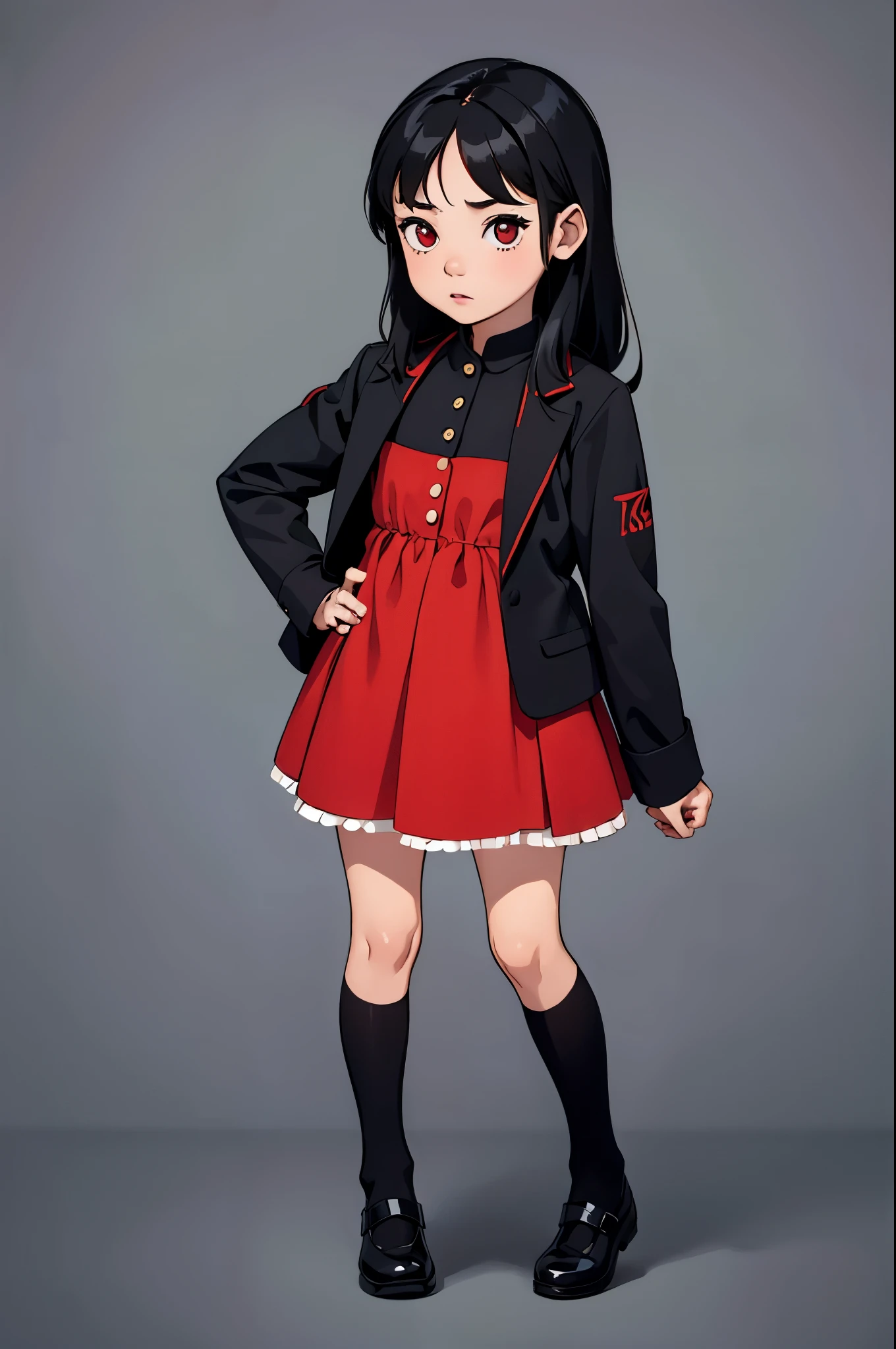 baby, girl, baby girl dress suit, black hair, red eyes, full body, no background, png