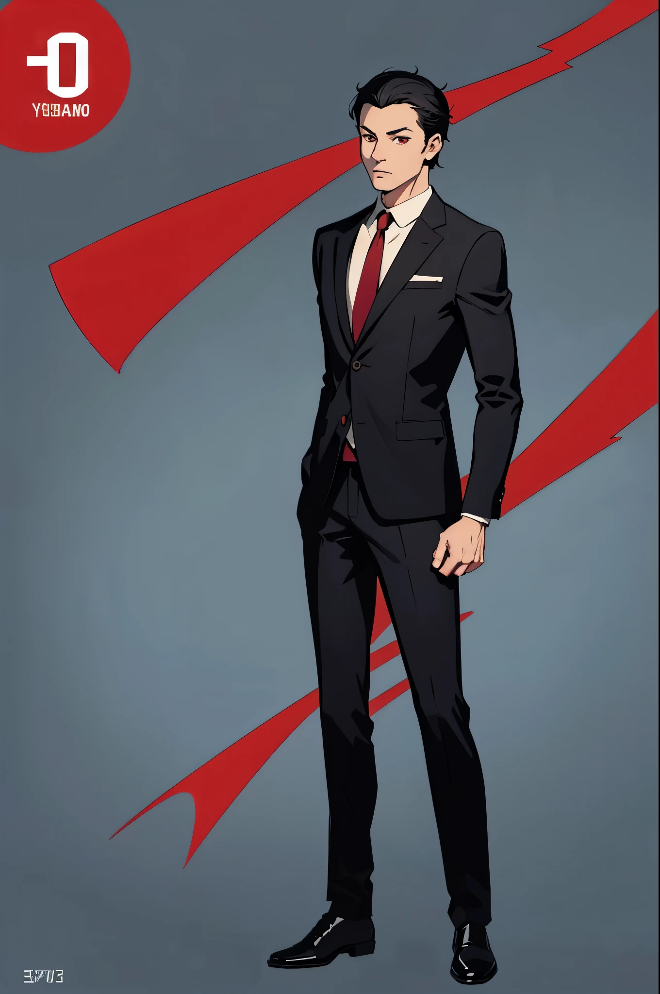 30 years old, suit, boy, no emotion, black hair, red eyes, full body, no background, png