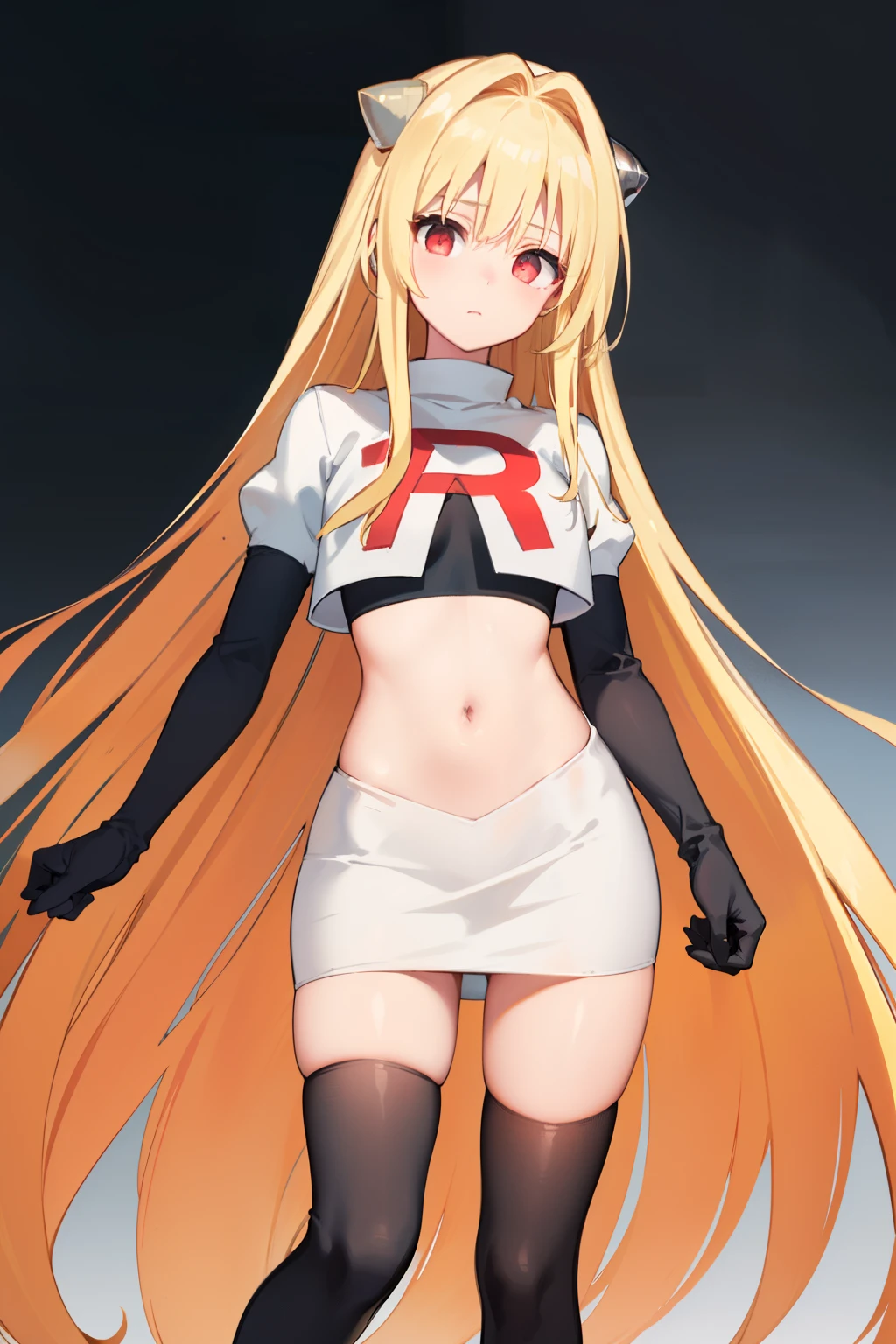 ((masterpiece,best quality)), team rocket,team rocket uniform, red letter R, white skirt,white crop top,black thigh-highs,black elbow gloves zettai ryouiki,  (finely detailed beautiful eyes: 1.2), phyami, yaminor, 1girl, solo, blonde hair, long hair, red eyes, very long hair, horns on head