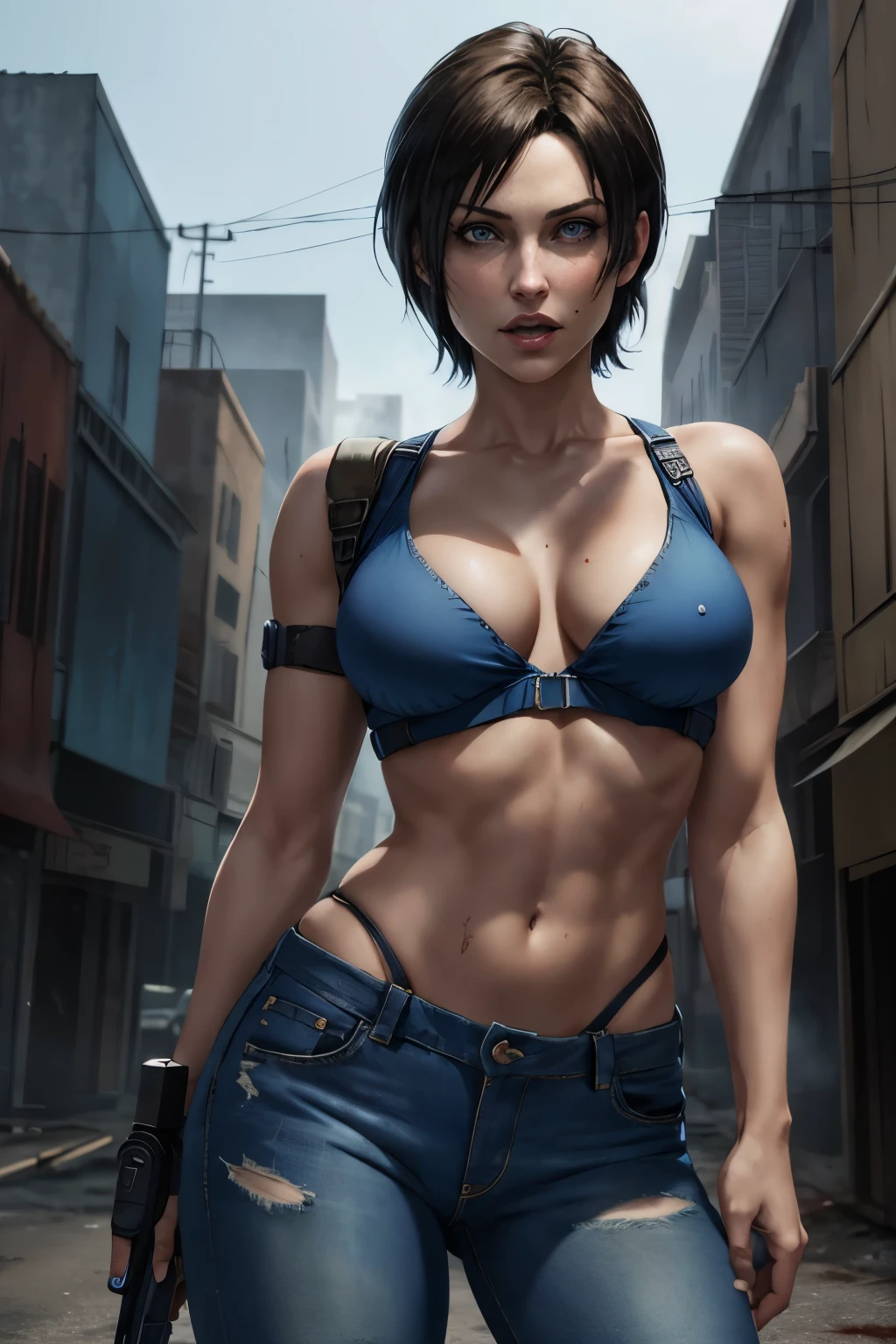 Cowboy shot of jill valentine, short hair, blue top, jean pant, resident evil,  zombie apocalypse background