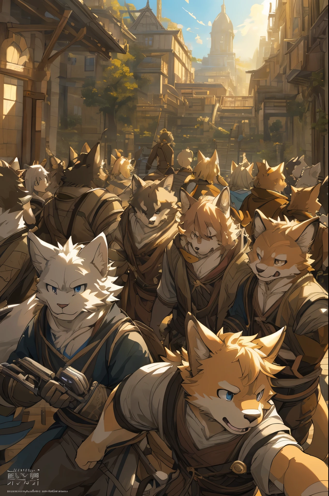 dynamic angle, top quality, best quality, High-quality illustrations, masterpiece, super high resolution, detailed background, detailed background, The Peach Boy, action, group shot:0.1, 6+boys, 6+girls, absurdres(highly detailed beautiful face and eyes)perfect anatomy, expression, good lighting, cinematic shadow(kemono, furry anthro),