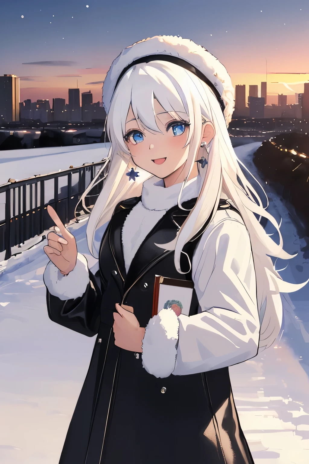 Chica anime, ((Masterpiece), top-quality, Top image quality, ((((solo)))), ((((white hair)))), long hair, fur hat, Beautiful blue eyes, Shining eyes, happy, teens girl, 18yo, cute, black leather jacket, floral onepiece, earrings, sunset, city, snow, winter, 8k