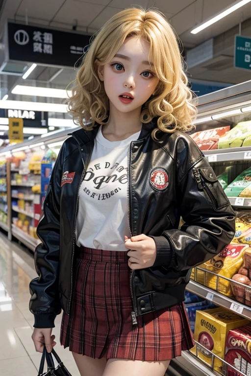 1girl(cute, curly, blonde, open mouth, big eyes, jacket, skirt), supermarket background