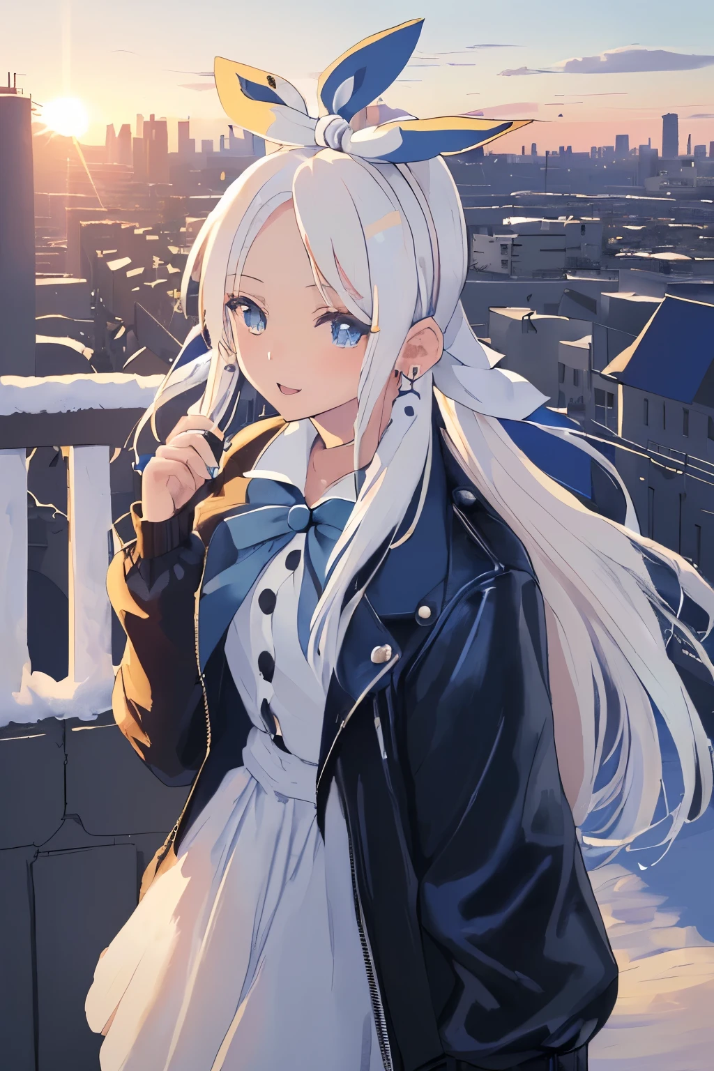 Chica anime, ((Masterpiece), top-quality, Top image quality, ((((solo)))), ((((white hair)))), long hair, parted bangs, forehead, ((((blue hairribbon)))), Beautiful blue eyes, Shining eyes, happy, teens girl, 18yo, cute, sunglasses, black leather jacket, floral onepiece, earrings, sunset, city, snow, winter, 8k