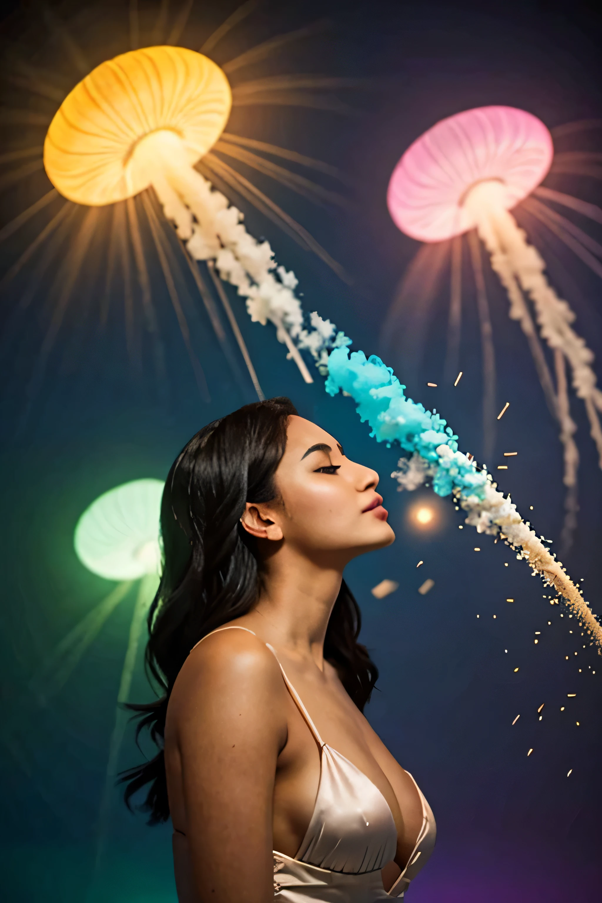 A bust of a beautiful black-haired colossal breasted, Arabic ebony woman and a man kissing, looking at the camera, blending with the enchanting pastel colors. In this mesmerizing image, we are presented with a captivating sight of pastel-colored powder exploding in every direction, beautifully frozen in time through extremely long exposure and slow shutter photography. The explosion takes place in front of one of the walls, where the explosion of multi-colored pastel powders also comes to life, resembling a jellyfish gracefully hovering above the water. In the foreground is a beautiful orange-haired woman, looking at the camera, blending with the enchanting pastel colors. The image, and perhaps a photograph, shows a wonderful attention to detail, with Harmoniously blend subtle colors to create a truly stunning, high-quality visual masterpiece. Light pastel wallpaper real realistic image 32k resolution
