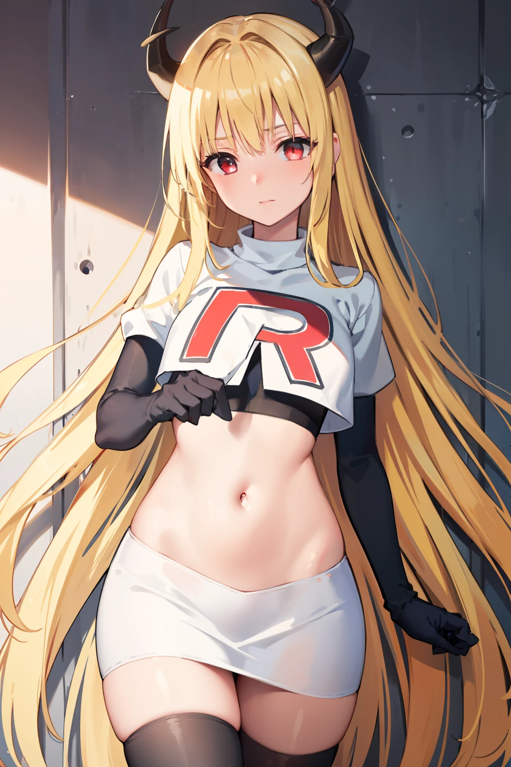 ((masterpiece,best quality)), team rocket,team rocket uniform, red letter R, white skirt,white crop top,black thigh-highs,black elbow gloves zettai ryouiki, (finely detailed beautiful eyes: 1.2), phyami, yaminor, 1girl, solo, blonde hair, long hair, red eyes, very long hair, horns on head