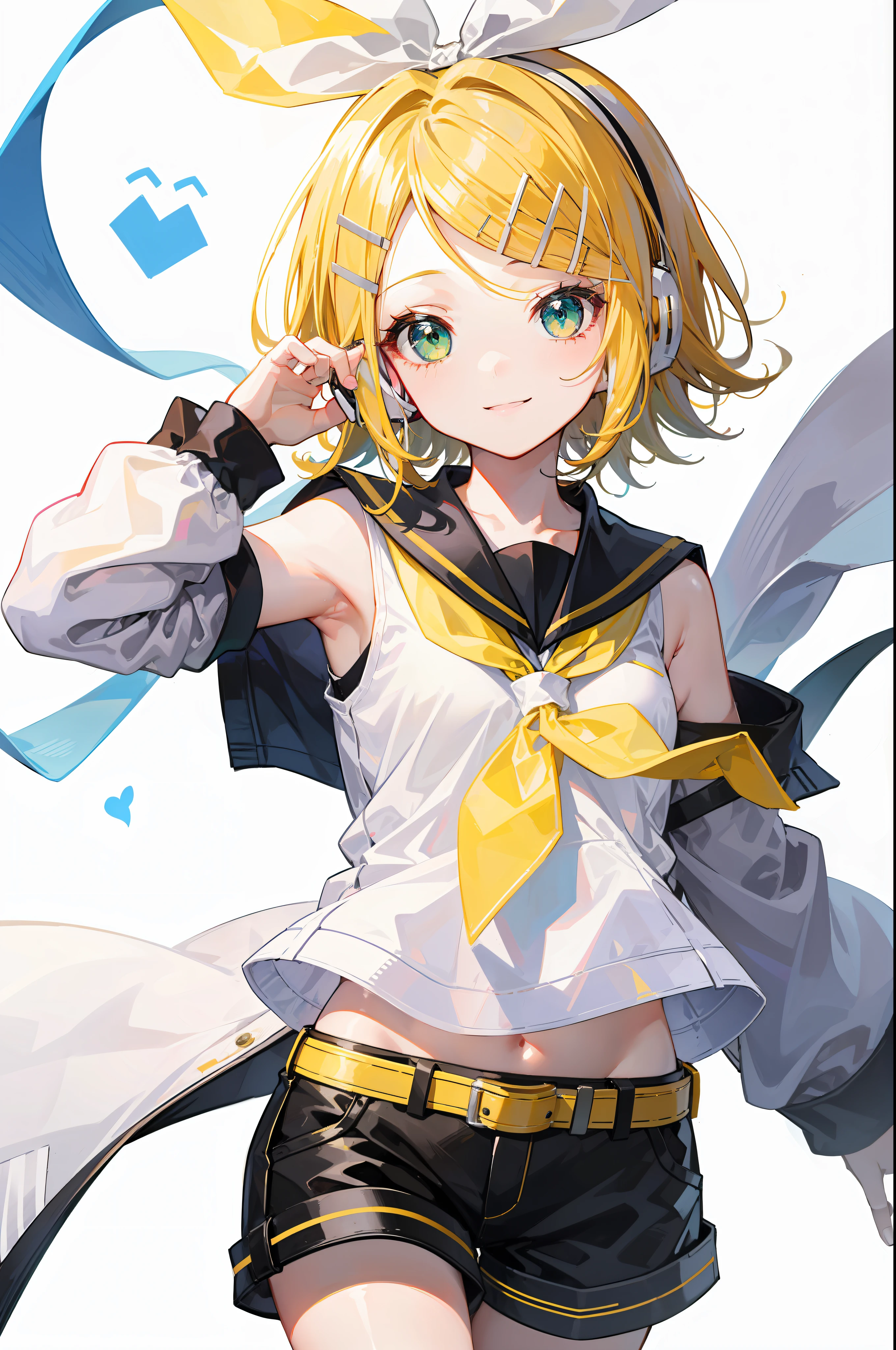 highest quality, ultra precision, one girl, (Kagamine_Also), green eyes, cute, short hair, white hair ribbon, Barrette, headphone, blonde, sailor suit, black shorts, belt, yellow neckerchief, No sleeve, smile, high school student, Your sister, white background
