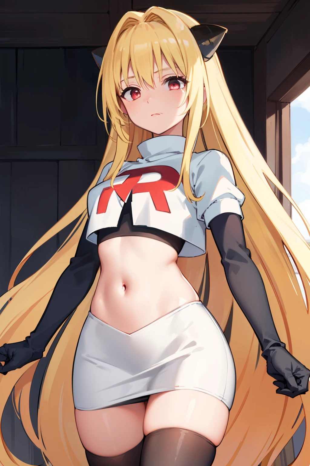 ((masterpiece,best quality)), team rocket,team rocket uniform, red letter R, white skirt,white crop top,black thigh-highs,black elbow gloves zettai ryouiki, (finely detailed beautiful eyes: 1.2), phyami, yaminor, 1girl, solo, blonde hair, long hair, red eyes, very long hair, horns on head