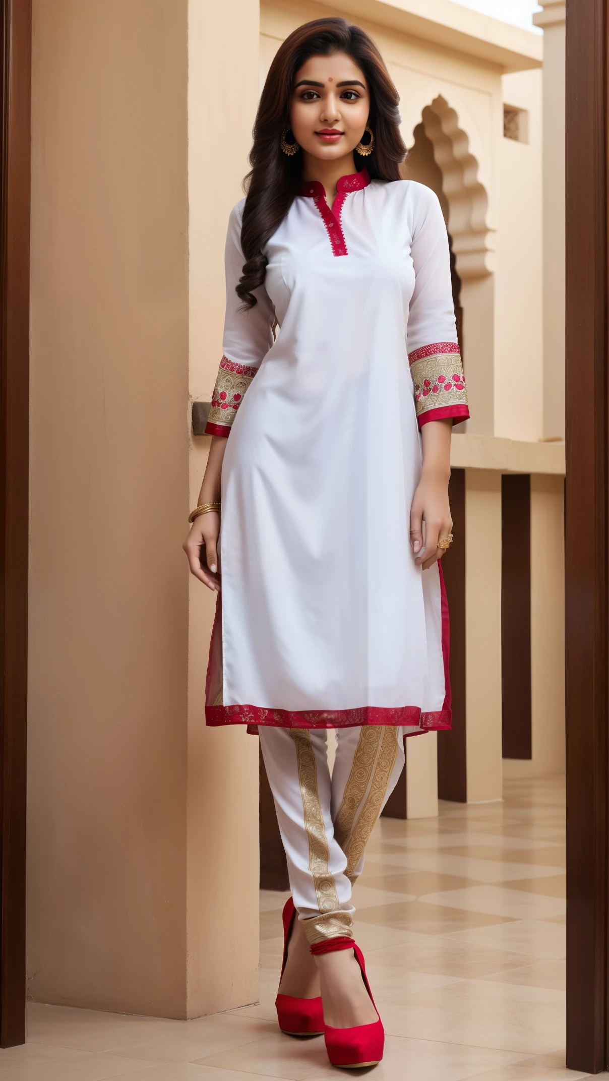 (full body shot), A beautiful Indian women wearing a white kurta, pink salwar, Indian outfits, beautiful suit, gorgeous looking, ultra detailed face, red lips, high heel, high quality picture, candid picture, ultra detailed face, realistic face,