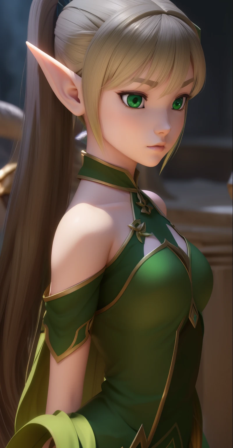 a close up of Liya from Dragon Nest movie, young female elf, with a green dress, long ponytails dark blonde hair,have straight bangs hair, green eyes, long pointed ears, side view shot close up, alluring elf princess, down looking, elf girl, 3d animated motion figure character