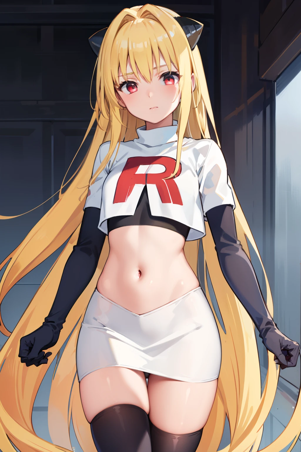 ((masterpiece,best quality)), team rocket,team rocket uniform, red letter R, white skirt,white crop top,black thigh-highs,black elbow gloves zettai ryouiki, (finely detailed beautiful eyes: 1.2), phyami, yaminor, 1girl, solo, blonde hair, long hair, red eyes, very long hair, horns on head