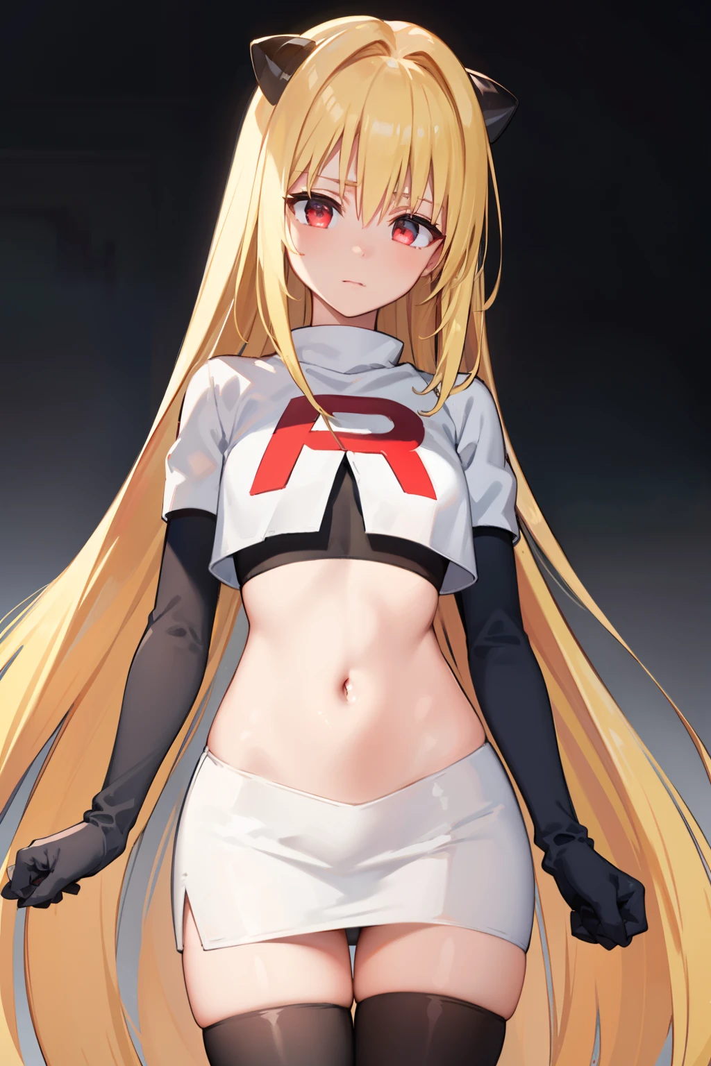 ((masterpiece,best quality)), team rocket,team rocket uniform, red letter R, white skirt,white crop top,black thigh-highs,black elbow gloves zettai ryouiki,  (finely detailed beautiful eyes: 1.2), phyami, yaminor, 1girl, solo, blonde hair, long hair, red eyes, very long hair, horns on head