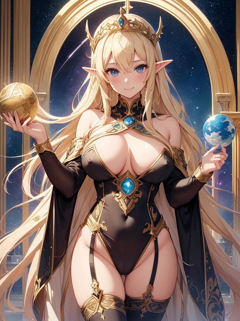 highest quality、Highest image quality、masterpiece、Super beautiful elf beauty from behind((22 years old OL big bust、bust 90,beautiful long ironed hair、blonde、globe、、slender、Close-up、Esbian、beautiful tiara、High quality、beautiful art、background((starry ski)))muste piece、visual art、Depth of bounds written、low angle of morning sky、、elf ears、、magic of light、space knight、harp melody🎵、A happy smile、gentle light、、Beautiful legs that are gentle on the skin、、、Number of fingers to achieve precise finger movements、ticker beautiful decorative、elegant、mystical　rosa、　heaven、marble columns, beautiful dressy、magnificent marble dome、giant galaxy、religious painting、embrace the earth、temple of time、great watch、hourglass、sundial、moment of creation！myth、alphonse mucha art、art nouveau、ancient greece、Rome、byzantine art、gold foil、Raphael&#39;s paintings、renaissance art、Lord of the Ring、sexy、friendly smile、lingerie、underwear、 body stocking. nsfw