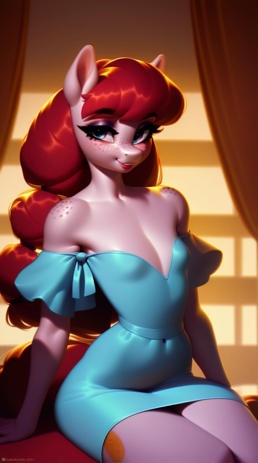 (score_9), (source_ derpibooru_p_95), (earth pony), ((anthro :1.1)), (shoulderless prom dress), blushing, solo, realistic long hair, bangs, braid , anatomically correct, flat chest, curvy figure, high res, pink bottom lip, extremely detailed, absolutely stunning, freckles, skinny waist, makeup, banquet hall,