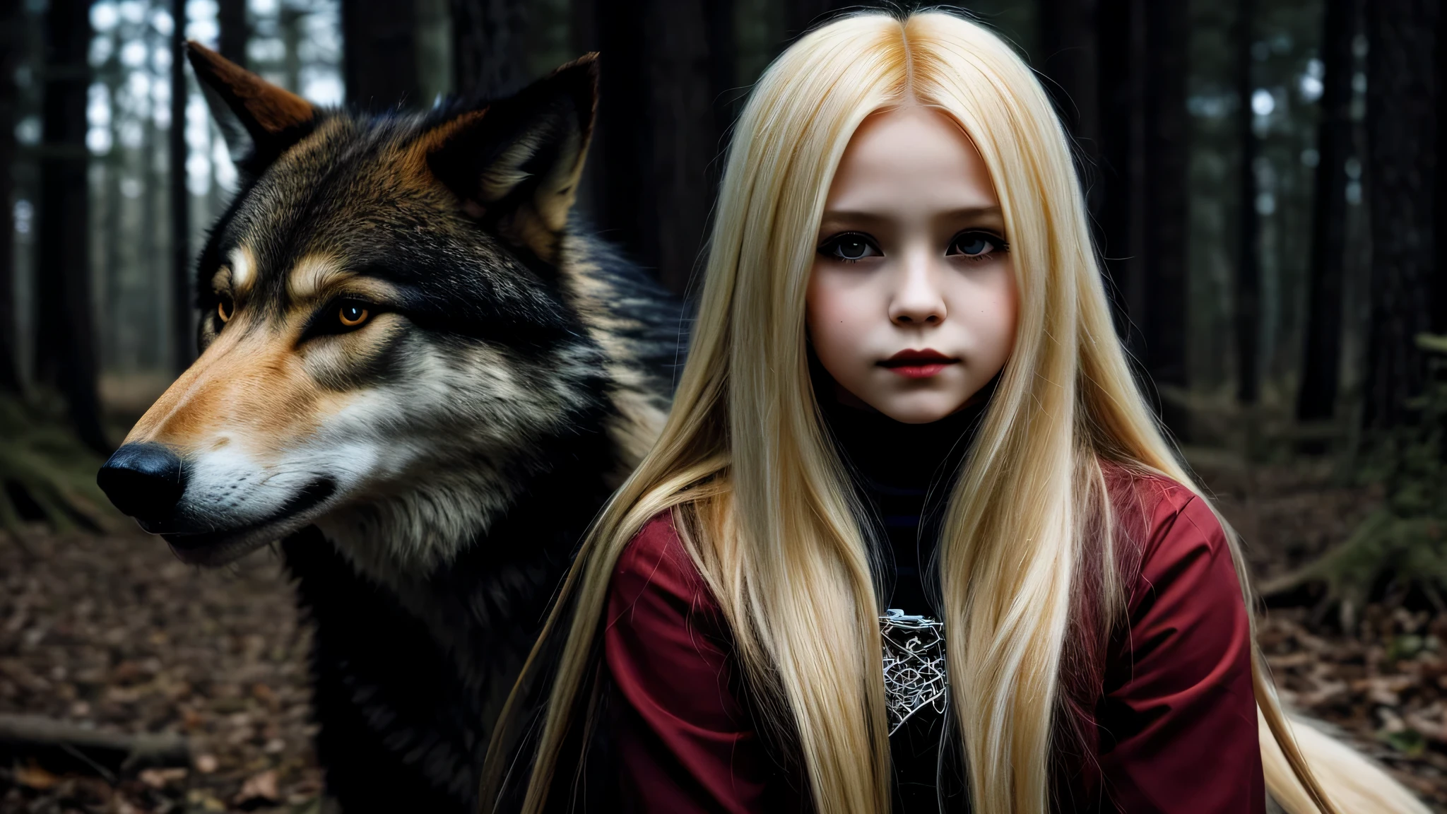 KIDS GIRL vampira com longos cabelos LOIROS e um LOBO.
