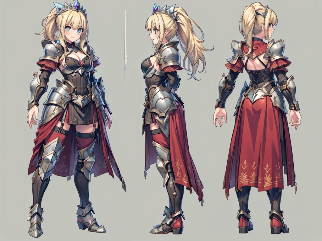 ((three-sided view, front view, side view, back view, multiple views, multiple poses and expressions, many parts)), concept art, character concept art, character sheet, Full body, illustration, (simple background, gray background), 1 character, 1girl, fantasy art, a female knight in metal armor, red_outfit, white_armor,cropped shoulders armor, plate armor, armor dress,gauntlets, Blonde hair,high ponytail,Blue eyes,ruby tiara,cleavage, thighs, thighhighs, weapon