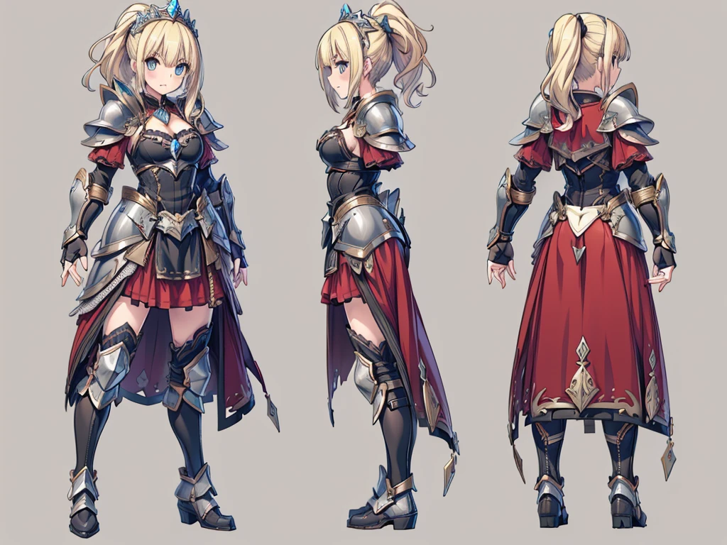 ((three-sided view, front view, side view, back view, multiple views, multiple poses and expressions, many parts)), concept art, character concept art, character sheet, Full body, illustration, (simple background, gray background), 1 character, 1girl, fantasy art, a female knight in metal armor, red_outfit, white_armor,cropped shoulders armor, plate armor, armor dress,gauntlets, Blonde hair,high ponytail,Blue eyes,ruby tiara,cleavage, thighs, thighhighs, weapon