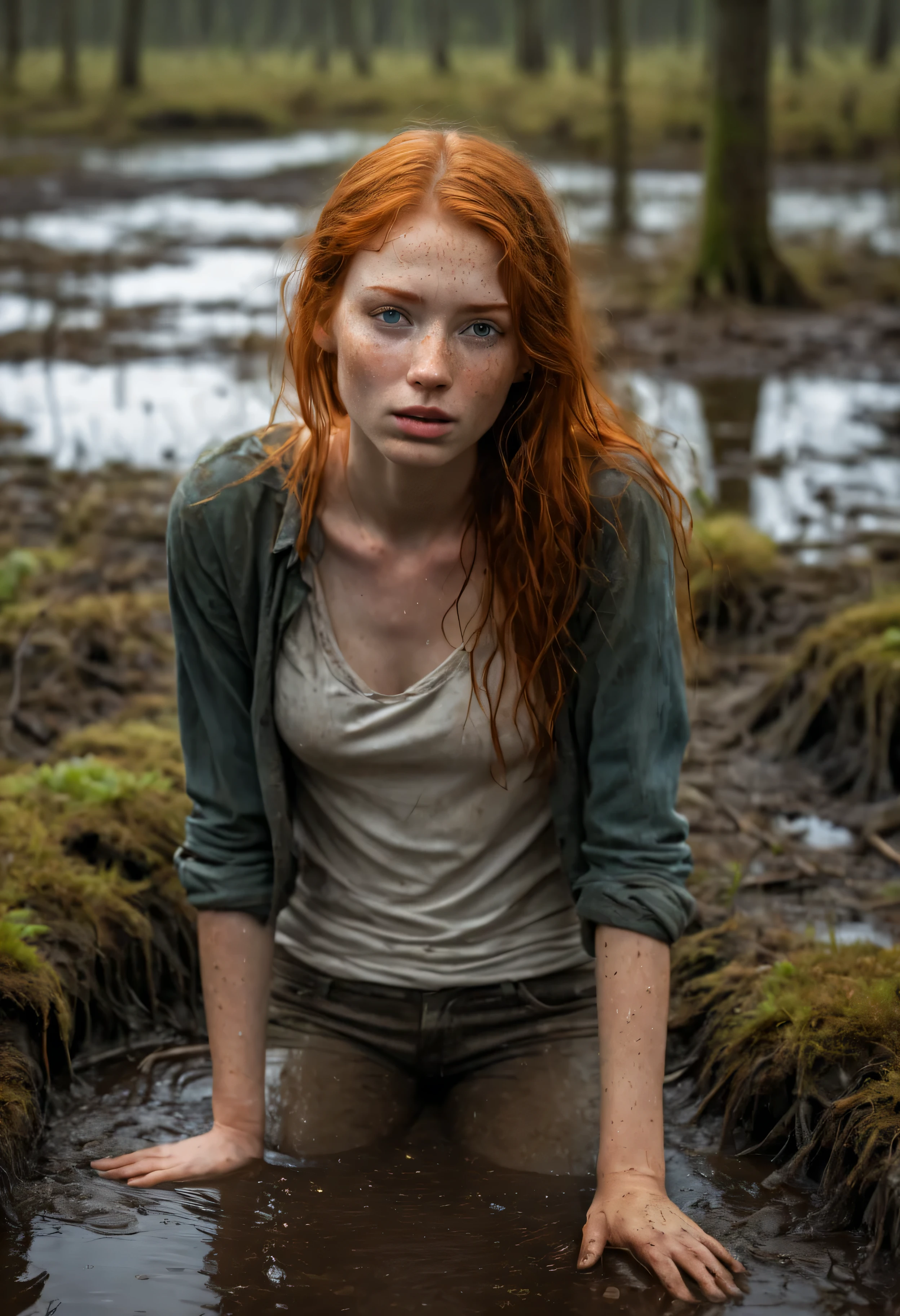 full body,An exquisitely detailed photograph of a graceful red-haired girl with freckles, a scattering of freckles on the dewdrops of a beautiful face, with pointed features, a dreamy look of languid eyes and a slightly open mouth in an expression of euphoria. she is drowning in bog. She's wearing a wet T-shirt, tight-fitting chest, and (dirty muddy unbuttoned jeans:1.2), embedded in the muddy bottom of the bog. Among tree stumps and trees entangled in thorny vines, a girl drowns in a dark swamp., desperately clinging to slippery snags with your fingers, but unable to overcome the viscous dno. Her face, thrown back to the sky, expresses a mixture of agony, shame and perverted pleasure from indulging in a dirty fetish.