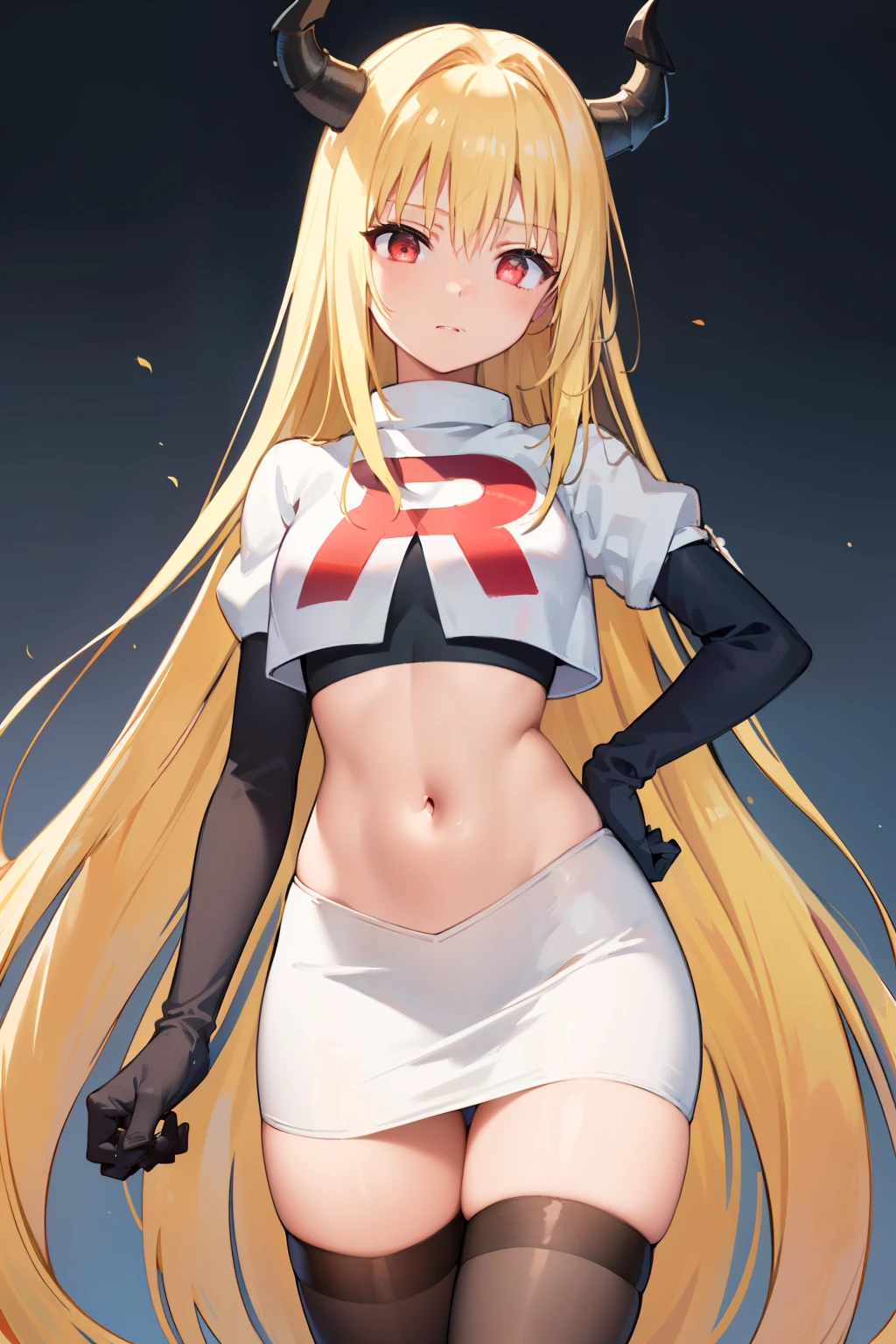 ((masterpiece,best quality)), team rocket,team rocket uniform, red letter R, white skirt,white crop top,black thigh-highs,black elbow gloves zettai ryouiki, (finely detailed beautiful eyes: 1.2), phyami, yaminor, 1girl, solo, blonde hair, long hair, red eyes, very long hair, horns on head