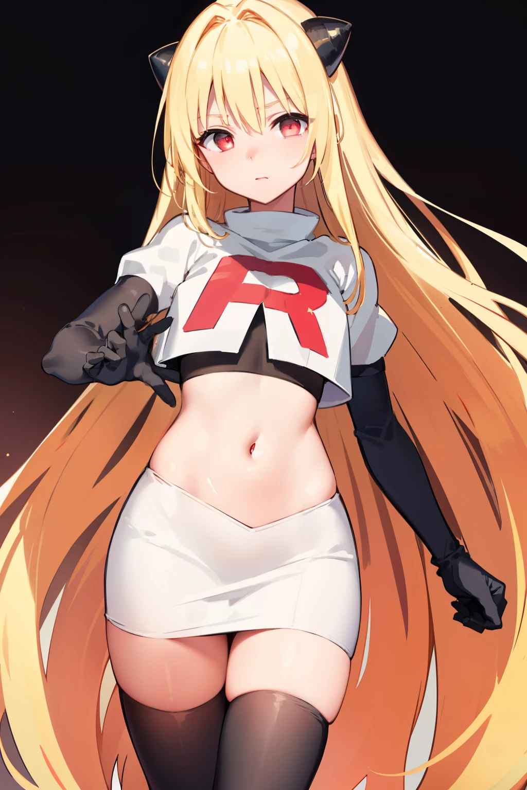 ((masterpiece,best quality)), team rocket,team rocket uniform, red letter R, white skirt,white crop top,black thigh-highs,black elbow gloves zettai ryouiki, (finely detailed beautiful eyes: 1.2), phyami, yaminor, 1girl, solo, blonde hair, long hair, red eyes, very long hair, horns on head