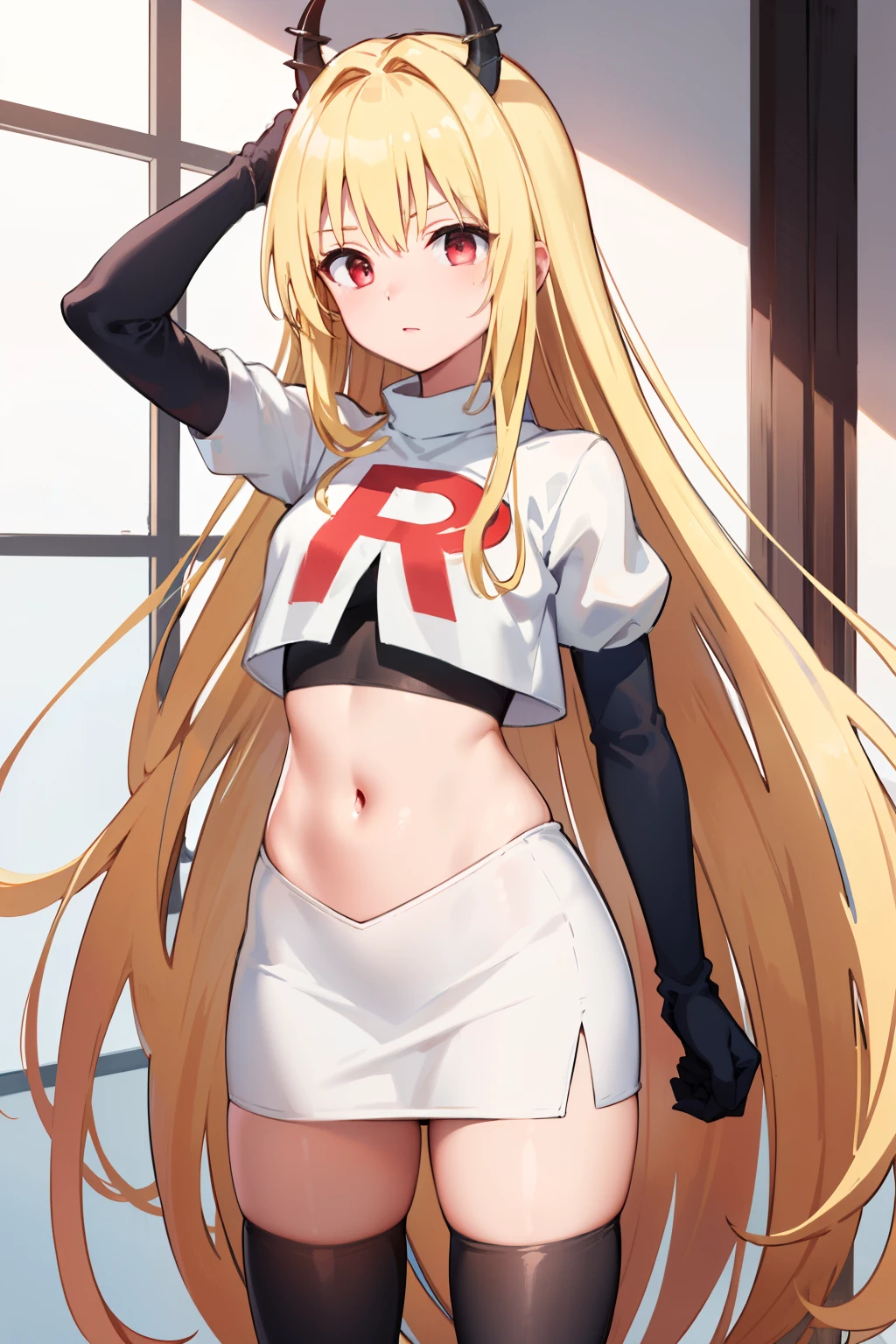 ((masterpiece,best quality)), team rocket,team rocket uniform, red letter R, white skirt,white crop top,black thigh-highs,black elbow gloves zettai ryouiki, (finely detailed beautiful eyes: 1.2), phyami, yaminor, 1girl, solo, blonde hair, long hair, red eyes, very long hair, horns on head
