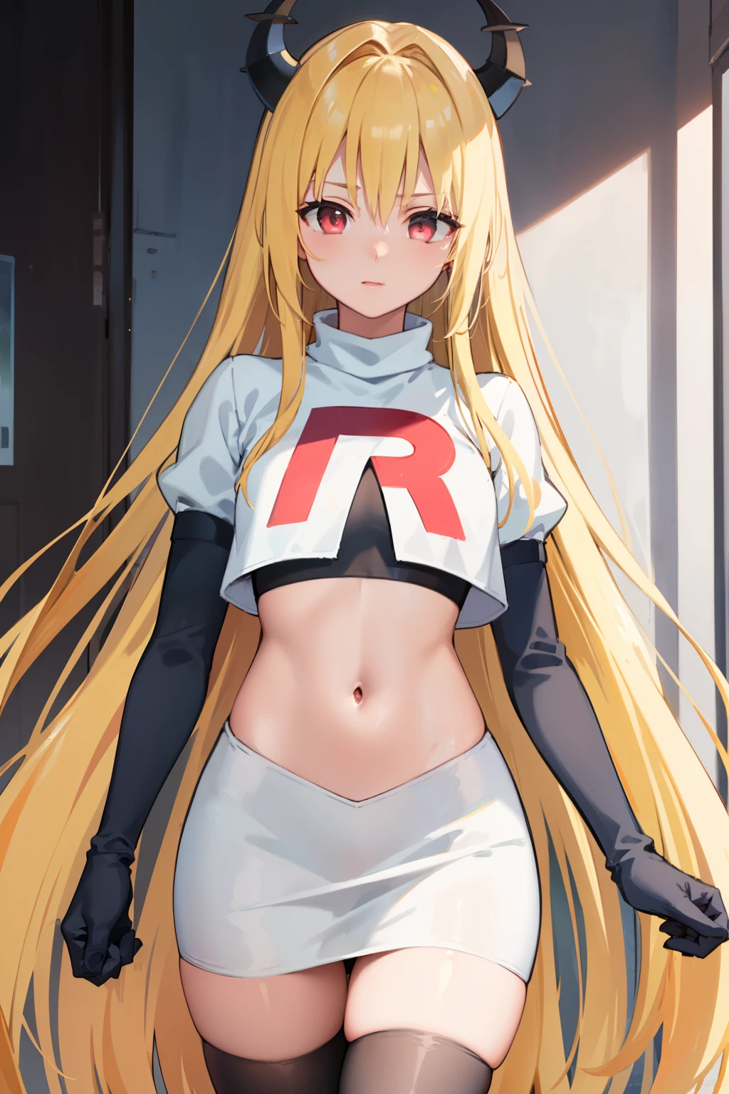 ((masterpiece,best quality)), team rocket,team rocket uniform, red letter R, white skirt,white crop top,black thigh-highs,black elbow gloves zettai ryouiki, (finely detailed beautiful eyes: 1.2), phyami, yaminor, 1girl, solo, blonde hair, long hair, red eyes, very long hair, horns on head