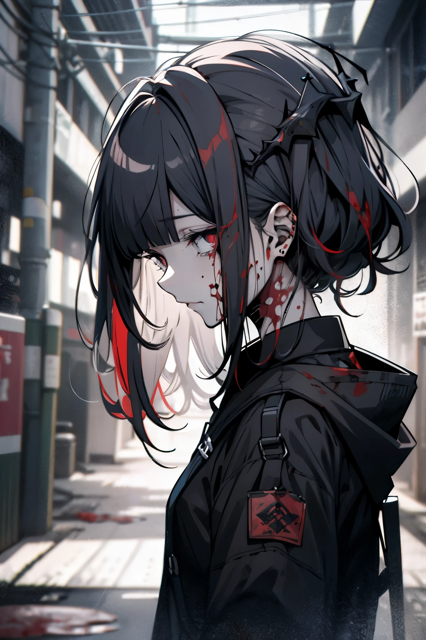 dead body、blood all around、blood spatter、dark hues、red tint、
