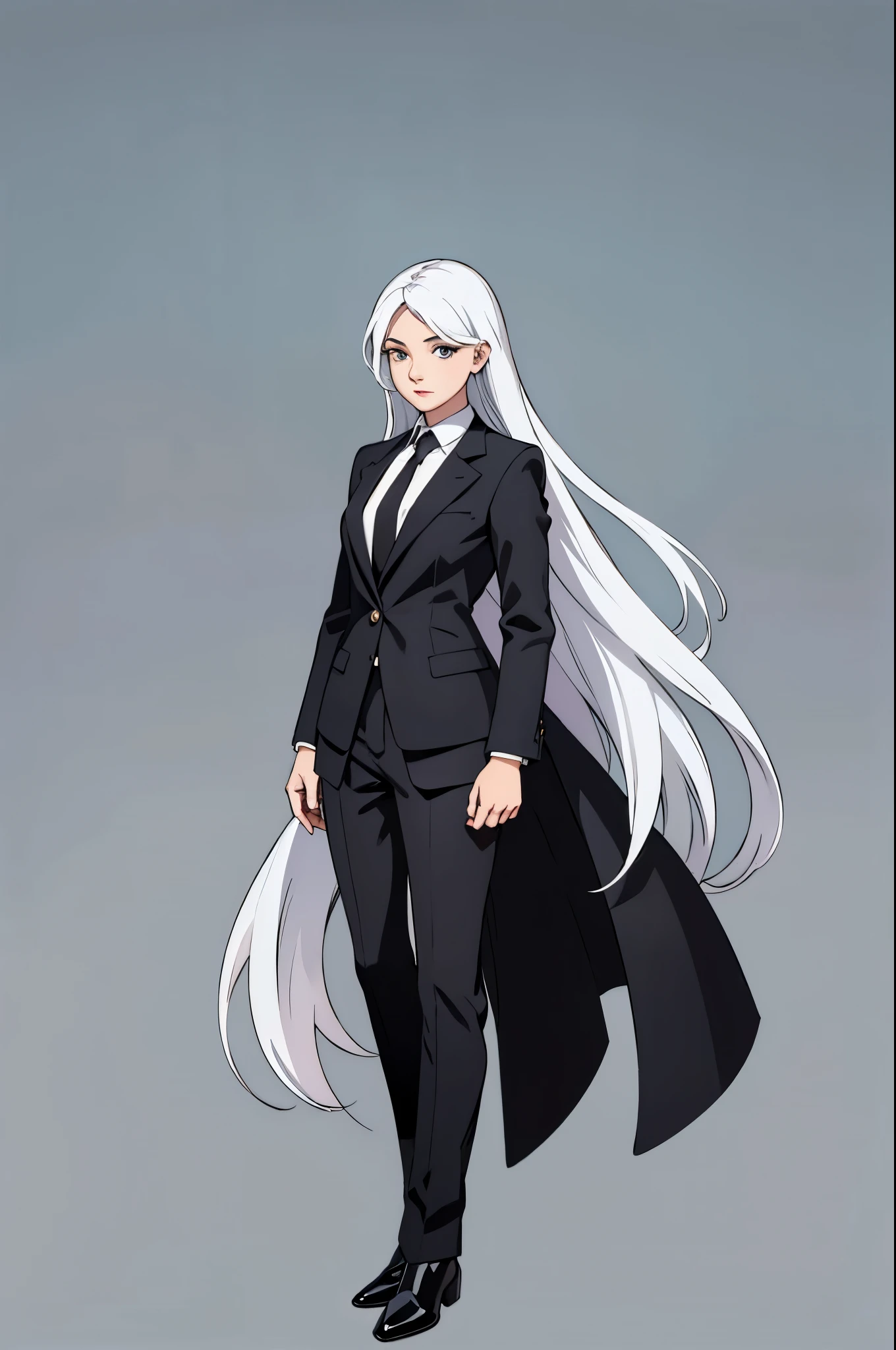 20 years old woman, suit, long white hair, black eyes, full body, no background, png