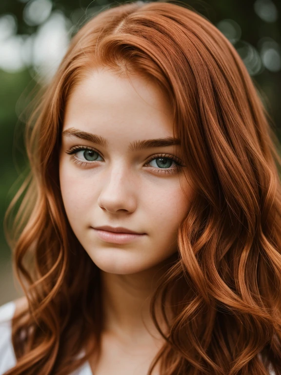detailed portrait of a beautiful 16 years old girl with wavy intense copper hair