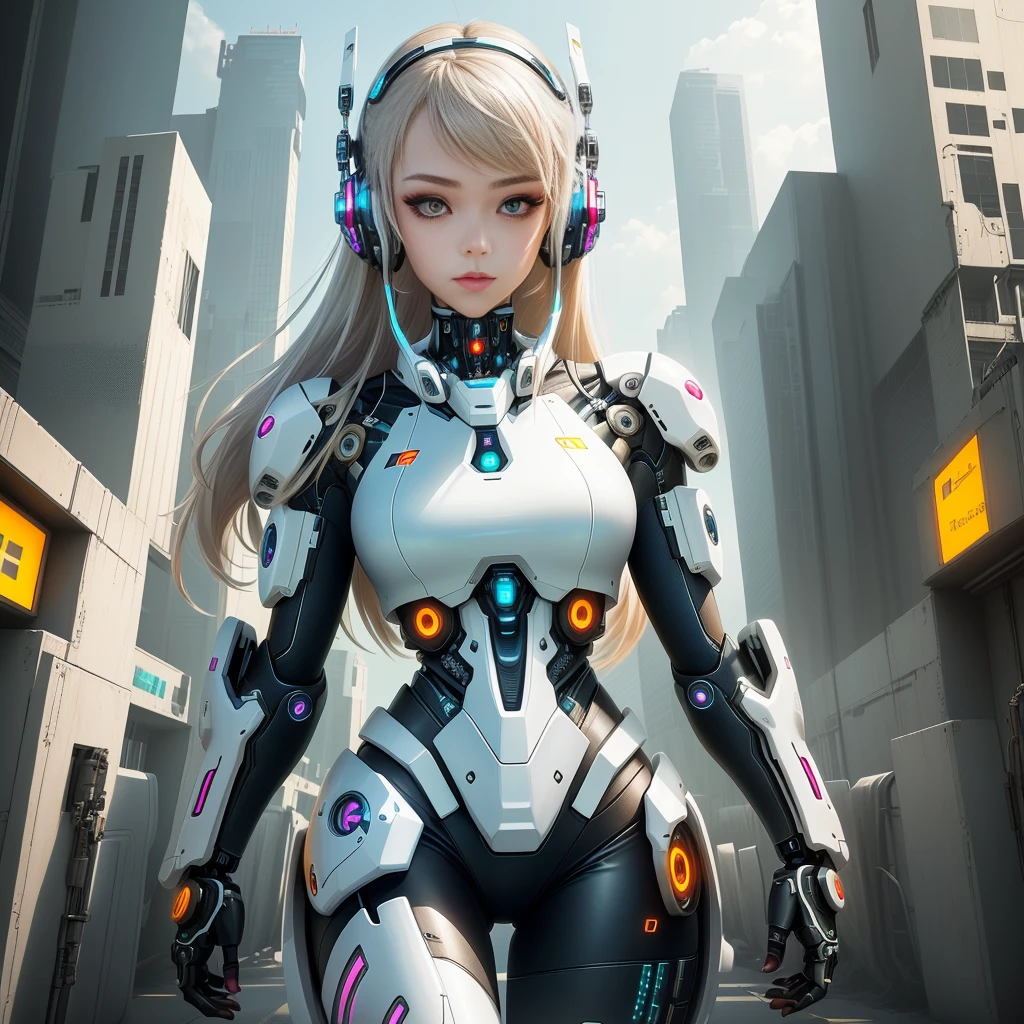 Futuristic woman wearing headphones, cute cyborg girl, beautiful girl cyborg, cyborg girl, cyberpunk anime girl mecha, perfect anime cyborg woman, beautiful white girl cyborg, （（（Cyborg - Girl）））, perfect android girl, digital cyberpunk anime art, young female cyborg, perfect cyborg woman, beautiful robot character design, beautiful cyborg girl, Beautiful and attractive female cyborg