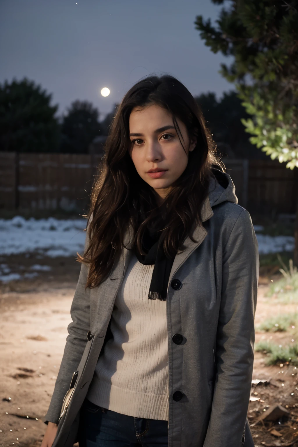 mujer hermosa con ropa de paris, con cara triste mirando la luna llena de noche. en un campo. invierno, nevando