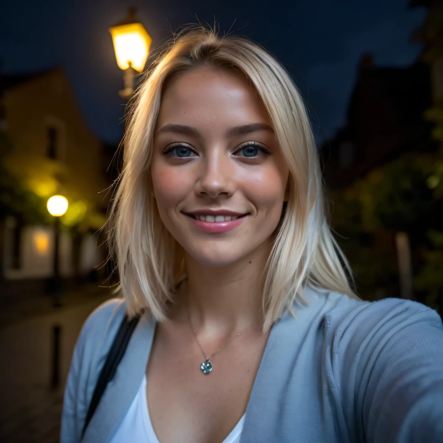 (Selfie, Plan: 1.4), (Right half of the body: 1.4), RAW UHD portrait photo of a 24-year-old blonde (Femme aux yeux bleus) Marcher dans une ruelle sombre, seins moyens,, City after day, (rocher), (Encolure), specifics (Tissu! , Cheveux! , Briller, Couleur!! , disadvantages: 1.1), Bright eyes with a high level of detail (staring into the camera), SLR lighting, Appareil photo reflex mono-objectif, ultra quality, re sharpness, profondeur de champ, Filmkorn (Milieu), Fujifilm XT3, Limpide, Rahmenmitte, beau visage, mise au point nette, street lamp, Neonbeleuchtung, Bokeh (dimly lit), Nuit, (Ciel nocturne), Detailed skin pores, peau grasse, Coup de soleil, Complex eyesDetails, corps entier entier, gros seins sourire
