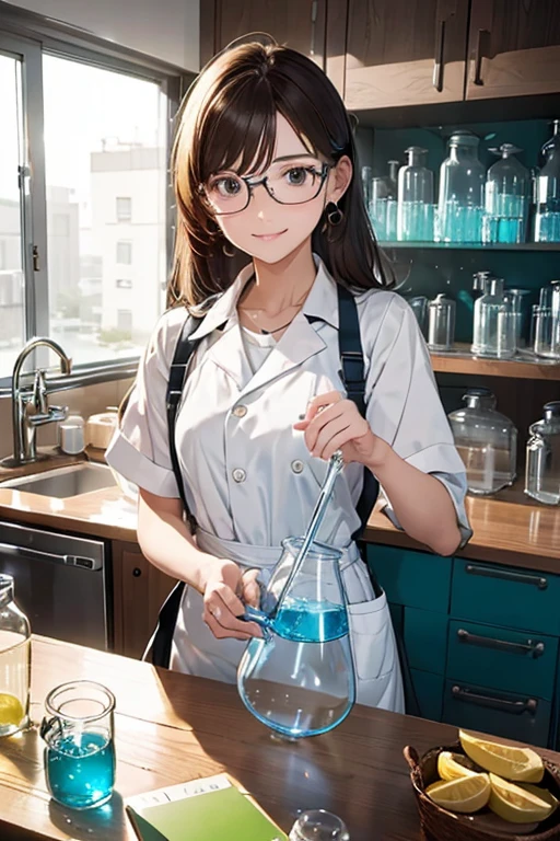 (8K), (best quality), (muste piece: 1.2) Chemistry Laboratory A cute woman operating beakers and flasks