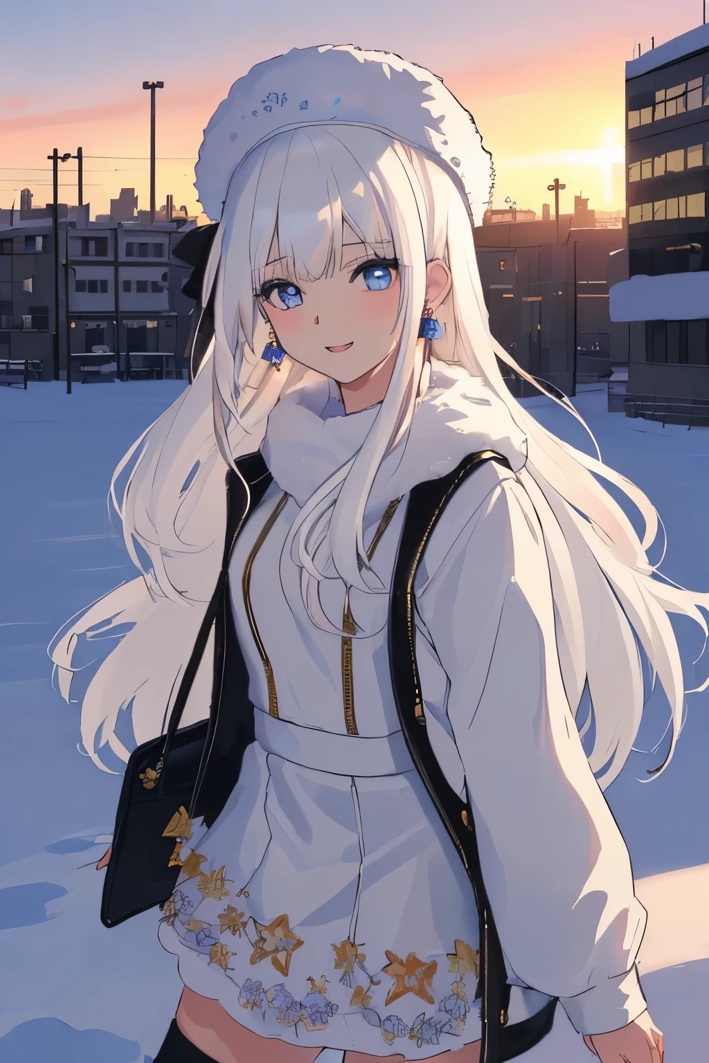 Chica anime, ((Masterpiece), top-quality, Top image quality, ((((solo)))), ((((white hair)))), long hair, hime_cut, fur hat, Beautiful blue eyes, Shining eyes, happy, teens girl, 18yo, cute, black leather jacket, floral onepiece, earrings, sunset, city, snow, winter, 8k