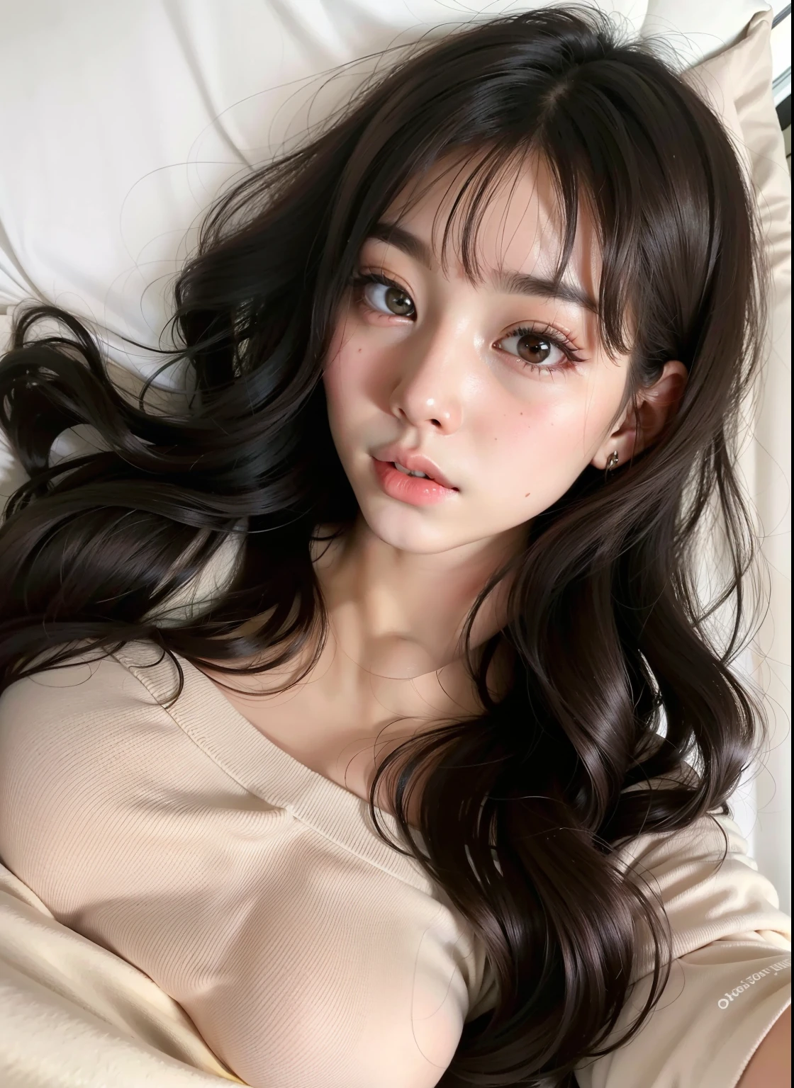 um close up de uma mulher deitada na cama com um travesseiro, Ulzzang, Menina coreana, linda mulher sul-coreana, young lovely korean face, linda jovem coreana, linda jovem coreana, Lalisa Manobal, adorable and pale korean face, maquiagem sul-coreana popular, cabelo longo com franja cheia, young pale and beautiful asian face, cabelo longo com franja