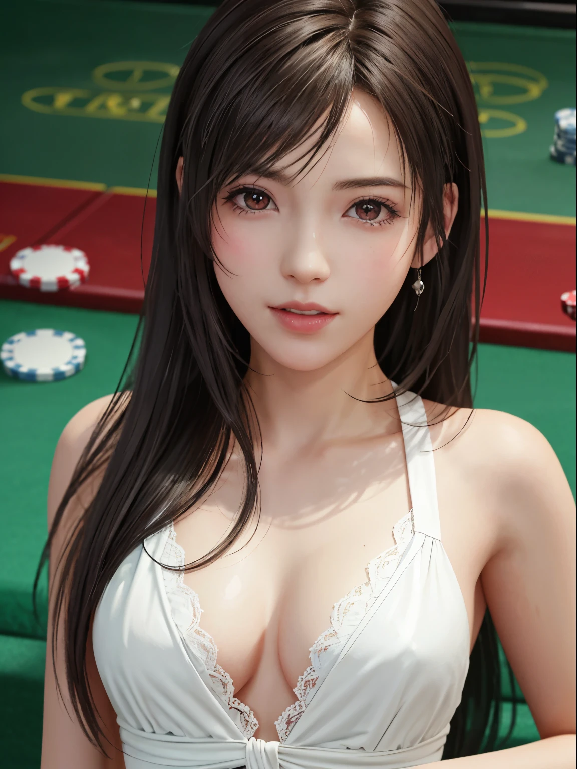 (Top Quality, Masterpiece: 1.1), (Realistic: 1.3), BREAK (((FF7,Tifa_lockhart))),Ultra-detailed face, Detailed red eyes,(Light Brown Hair, Large breasts: 1.2),(A dark, casino, poker table:1.3), BREAK (Playboybunny,bunny dress),clothed ,(No Bra) ,(No Panties), (Small and beautiful hard nipple), (shiny oiled skin: 1.2), about 18 years old, BREAK ((stringy viscous liquid)), sensual, 