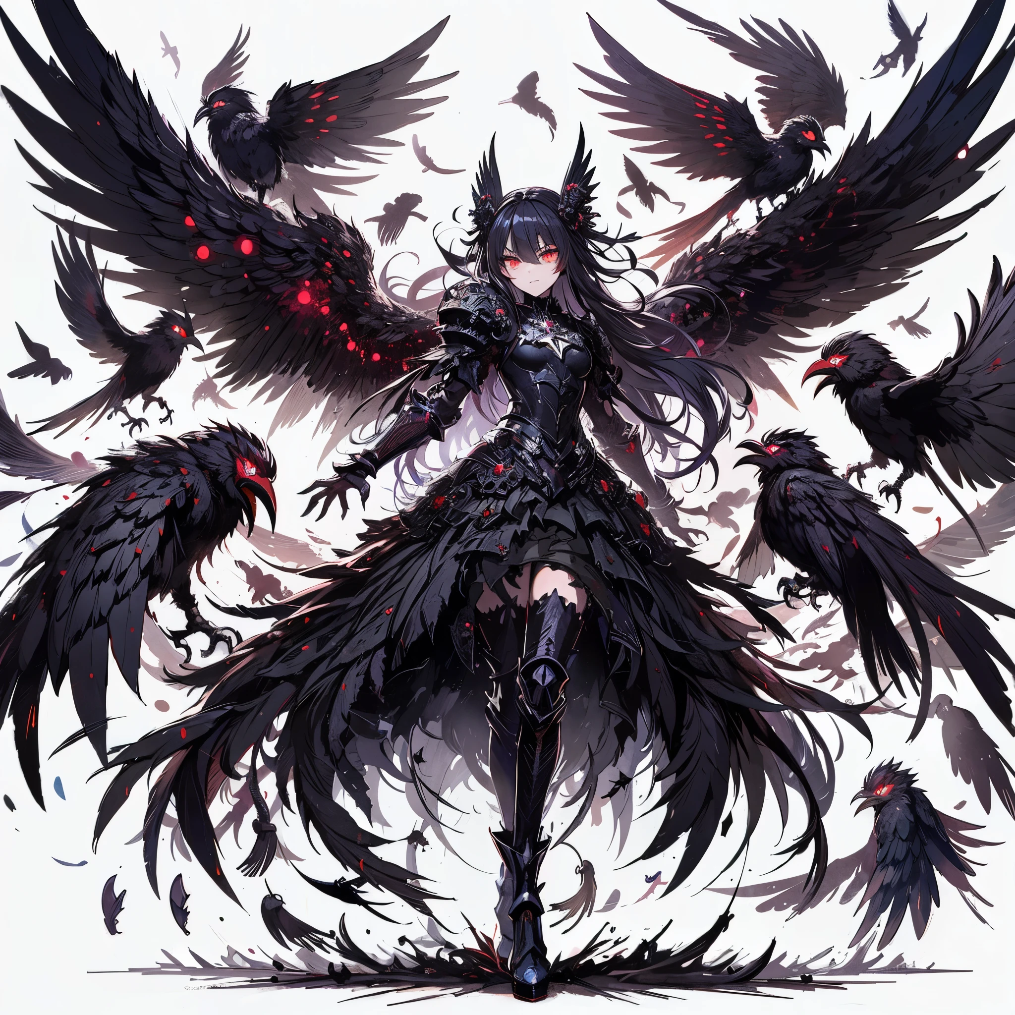 Masterpiece, best quality, ultra-detailed, anime style, full body of raven Demon girl, A group of crows made up of shadows form, Huge wings, dancing raven feathers, numerous red glowing eyes, jet black power armor, warhammer 40K, shadow claws, supernatural Lightning and flame, ((Eight-pointed star symbol)), 8k high resolution, trending art station, white background, whole body,
