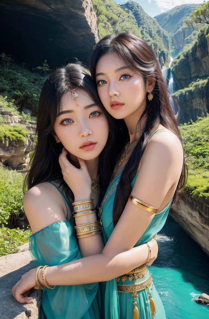 ((Realistic:1.5)),Ulzzang-6500:1.3，((Best quality)), ((Masterpiece)),((Detailed)),2girls,duo,{2 beautiful women}, (Upper body:1.3),Hug and touch each other, Tease your friend's waist, Breathless friends, Biting a friend's earlobe, crouched,super wide shot,Face focus, Long legs,Curvy, Barefoot,Wide hips, Thin legs, Oversized eyes,Long eyelashes, (Detailed face,beautidful eyes, detailedpupils,detailed clothes features, Clear background:1.3), (armlets, bangle:1.3), Mysterious ancient ruins, floresta exuberante, Deep canyon,bridge,River,cliff,Cloud,lakes,Rock music,Waterfalls, Flowers, Grass,grape trees,tree,bright detail,Sharp,Perfect compounding, Intricate, Sharp focus, Dramatic,