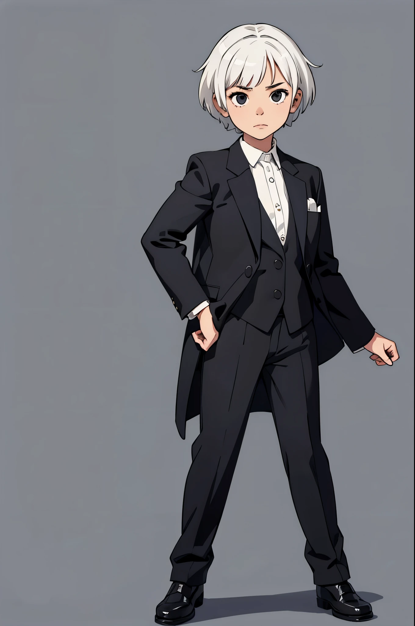 5 years old girl, suit, short white hair, black eyes, full body, no background, png,