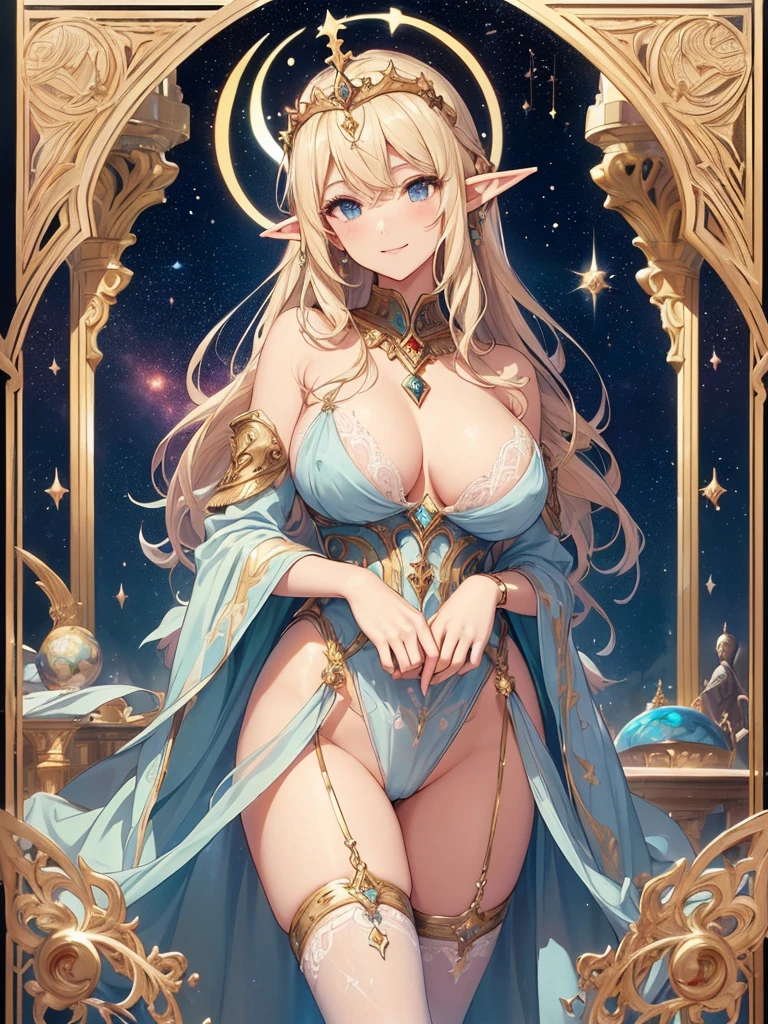 highest quality、Highest image quality、masterpiece、Super beautiful elf beauty from behind((22 years old OL big bust、bust 90,beautiful long ironed hair、blonde、globe、、slender、Close-up、Esbian、beautiful tiara、High quality、beautiful art、background((starry ski)))muste piece、visual art、Depth of bounds written、low angle of morning sky、、elf ears、、magic of light、space knight、harp melody🎵、A happy smile、gentle light、、Beautiful legs that are gentle on the skin、、、Number of fingers to achieve precise finger movements、ticker beautiful decorative、elegant、mystical　rosa、　heaven、marble columns, beautiful dressy、magnificent marble dome、giant galaxy、religious painting、embrace the earth、temple of time、great watch、hourglass、sundial、moment of creation！myth、alphonse mucha art、art nouveau、ancient greece、Rome、byzantine art、gold foil、Raphael&#39;s paintings、renaissance art、Lord of the Ring、sexy、friendly smile、lingerie、underwear、 body stocking. nsfw