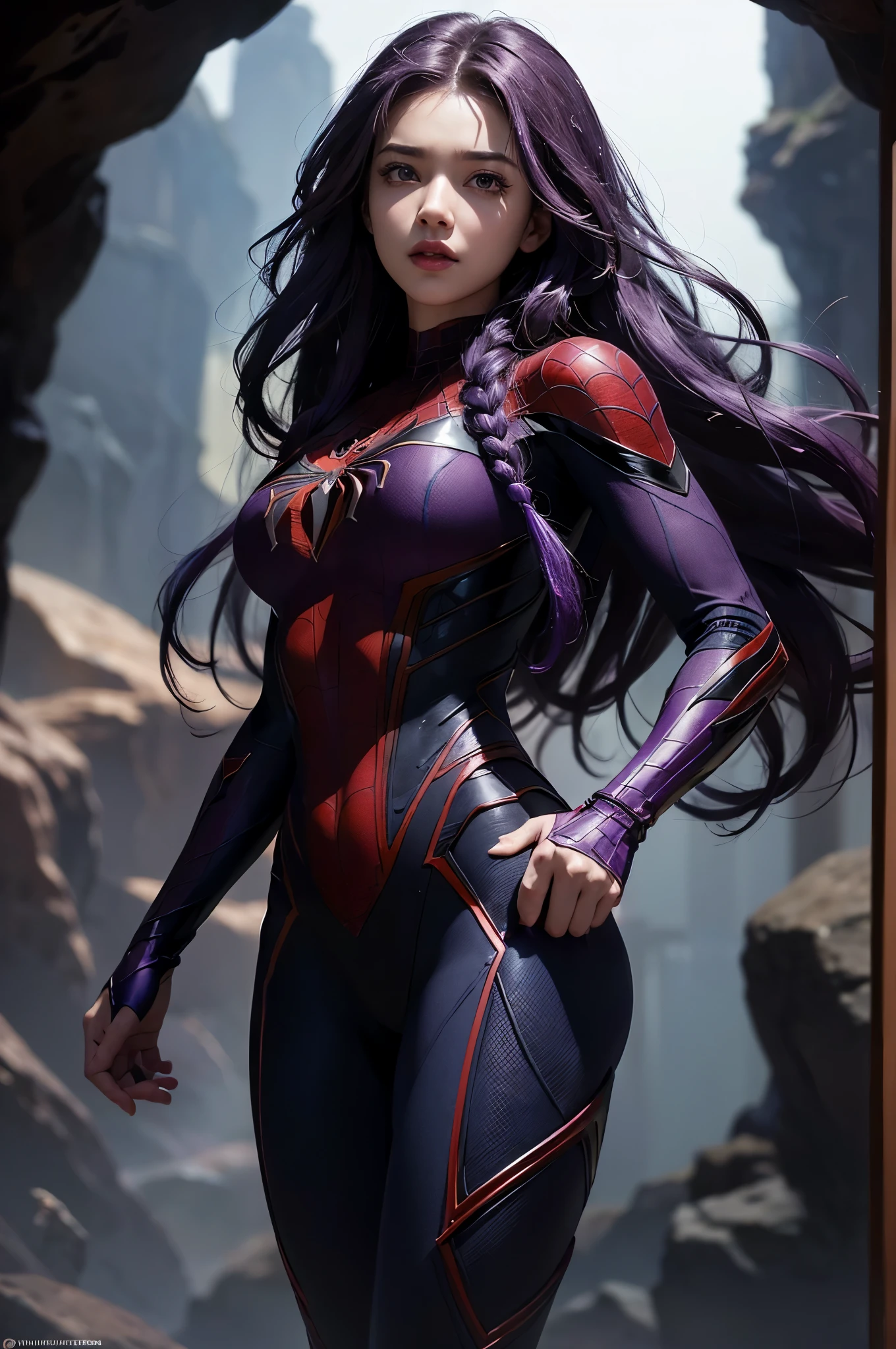 (Extreme Detail CG Unity 8K wallpaper, masterpiece, highest quality), (Exquisite lighting and shadow, highly dramatic picture, Cinematic lens effect), a beautiful girl in a purple Spider-Man costume, purple curly hair color, long hair, braiding hair, red eye, fangs, from the Spider-Man parallel universe, Wenger, Marvel, Spider-Man, on the beach, very beautiful face, dynamic pose), (excellent detail, excellent lighting, wide angle), (excellent rendego on cave, enough to stand out in cave, clasocus on purple Spider-Man costumes, complex spider textures