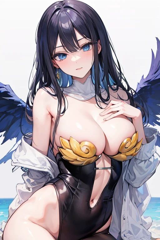 Black hair, blue eyes, large breast, sexy, beautiful body,  bed, Masterpiece, angel, wings, smile