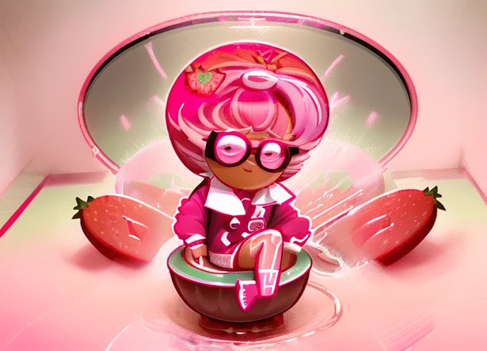 Strawberry Shortcake Cookie sit on Toilet in Bathroom Hell, pink hair, short hair, bowl cut, hair one side up, Dark Pink Eyewear, Light Red Tracksuit, Surrealism, Artist: Travis Pyo William, 8k