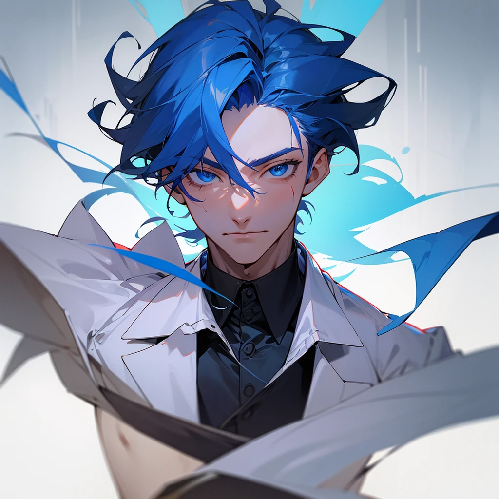 Masterpiece, highest quality, 4k,1male,tall, chiseled body, handsome, built, blue hair, blue eyes, scar on left eye, wearing school uniform"