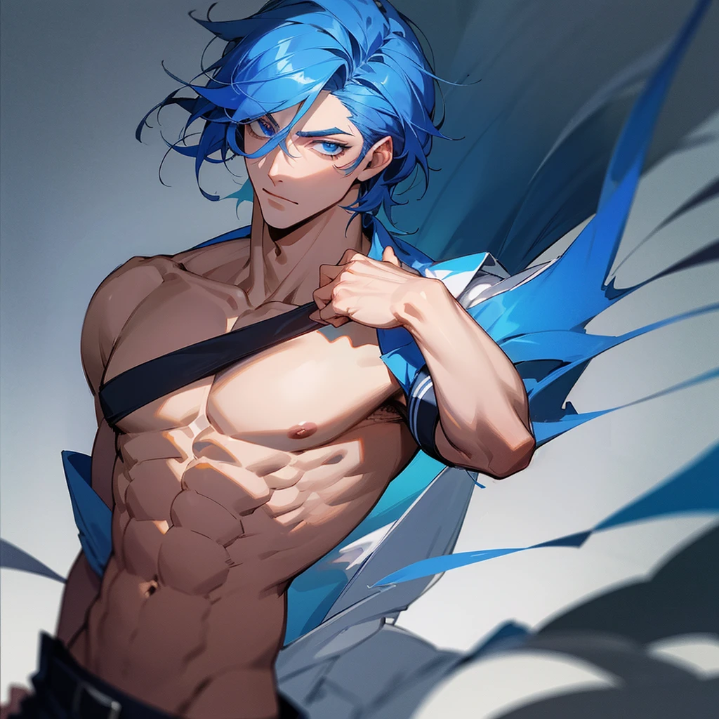Masterpiece, highest quality, 4k,1male,tall, chiseled body, handsome, built, blue hair, blue eyes, scar on left eye, wearing school uniform"

