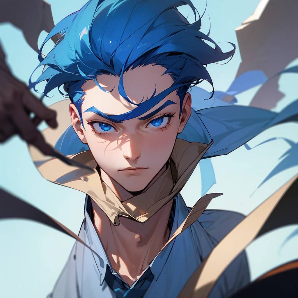 Masterpiece, highest quality, 4k,1male,tall, chiseled body, handsome, built, blue hair, blue eyes, scar on left eye, wearing school uniform"
