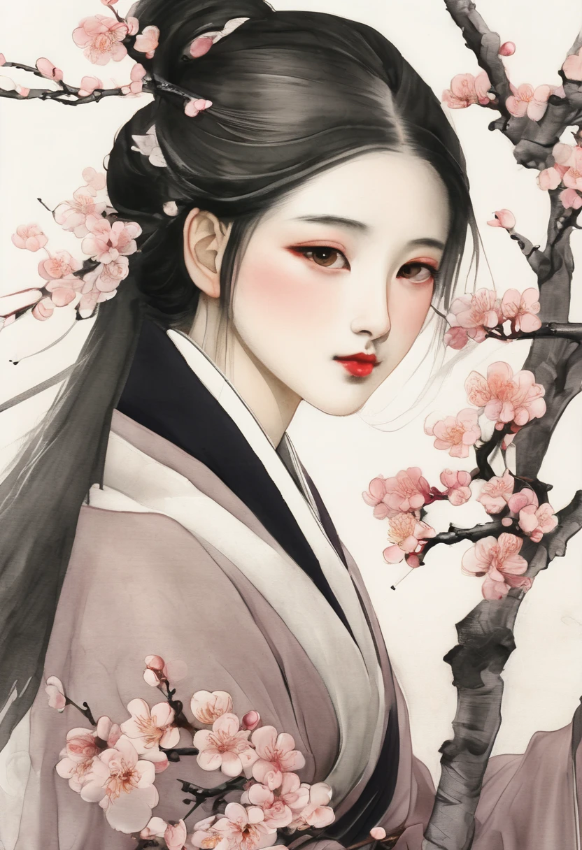 winter wonderland,(Close-up of plum blossoms:1.5),Hanfu woman,yuki,courtyard,Desolation, desolated, Solitude,Black and white tones, Lots of white space,Tradition Chinese Ink Painting, Ink painting and watercolor,Draw on rice ,Use thick and light inks to create light and dark changes and layers,Choose the right ink color,Such as deep black、Thick gray、Light coffee, ETC,express different situations and atmospheres,Control the gradient and transition of ink color through the humidity and consistency of the ink,traditional chinese art, author:Guo Xi, author:Ma Yuanyu, Traditional chinese painting, author:Xu Xi, author:Luo Mu, author:Yang Buzhi, author:Li Kelan, author:Zhi'an, ink and watercolor painting ) ) ) ), China ink painting, chinese painting style
