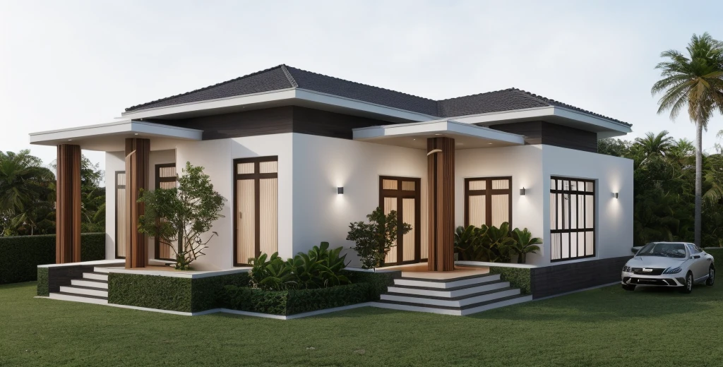 1 main wood door, many glass door, concrete, wood wall,white, modern villa, palm, plant, beautiful sky, wood facade, architecture, beautiful, masterpiece, best quality, super detailed, realistic, photorealistic, 8k, sharp focus, droste effect photography, macro photography