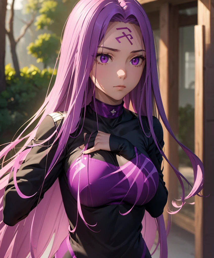 1girl, best quality, masterpiece, high resolution, solo, compression shirt, compression shirt purple, {medusa_fgo:1.15}, long_hair, purple_hair, very_long_hair, purple_eyes, breasts, big_breasts, compression shirt, stading