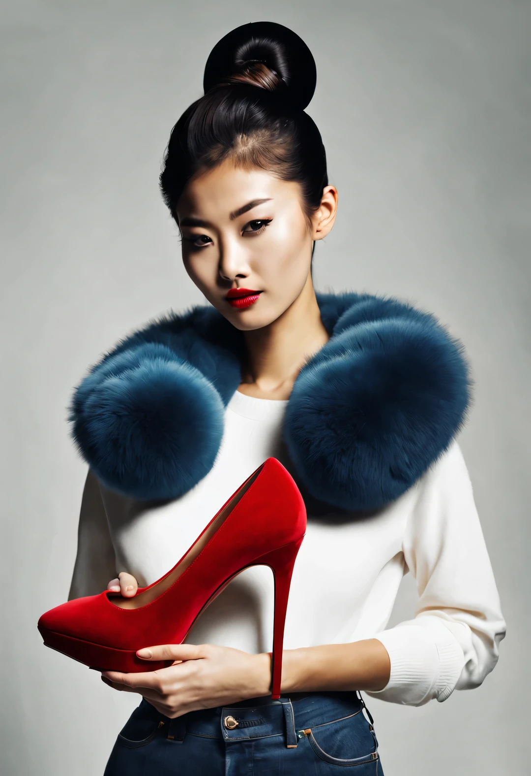 (character idea), (Half-length close-up), (Beautiful Chinese girl holds up one of her red high heels: 1.3), (Wearing large sunglasses，tie your hair into a bun: 1.2), A combination of classic and modern, Dark blue and brown sweater, jeans, scarf, Matching jackets with fashionable clothing, grace, Girl&#39;s skin is fair, flawless and smooth, high nose bridge, Head up posture, sad but beautiful, slender figure, Exquisite facial features,
swirling fog illustration, ink painting, black hair, A ball head, proudly, Surrealism, contemporary art photography, action illustration, abstract expressionism, Pixar, depth of field, motion blur, backlight, radiation, decline, Head up angle, Sony FE General Manager, ultra high definition, masterpiece, precise, textured skin, Super details, high detail, high quality, Award-winning, best quality, grade, 16k, Photographed from a bottom-up angle,